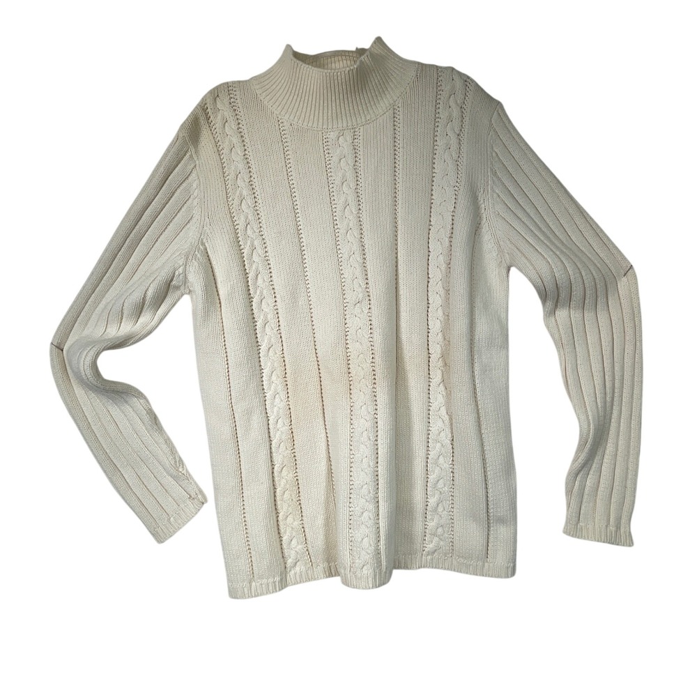 Yarnworks Cable Knit Mock Neck Sweater‎ Women's Medium Ribbed Cream Cotton